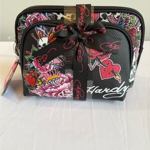 Ed Hardy Black Floral Tattoo Cosmetic Pouch Set with Pink & Red Accents
